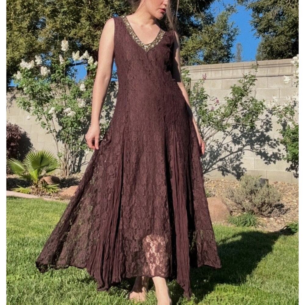 Vintage 90’s‎ Y2K Size 16 Brown Lace Sequined Beaded Maxi Dress